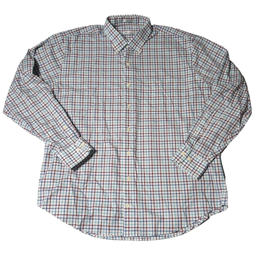 PETER MILLAR Men‎ Size XL Blue Burgundy Plaid Cotton Stretch Button-Up Shirt